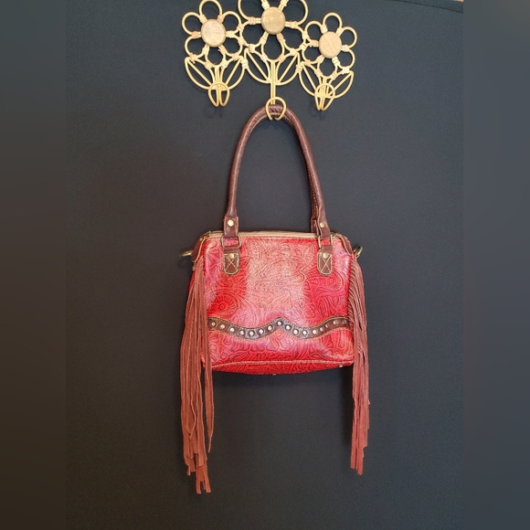 Myra Red Embossed Leather Fringe Purse - Picture 12 of 12